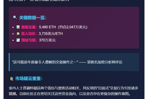 黑客钱包抛售5480枚ETH 价值2047万美元