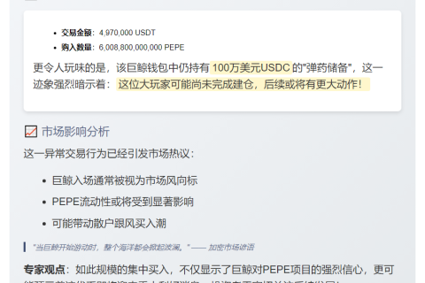 巨鲸497万USDT买入6008亿PEPE