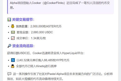Pastel Alpha 创始人抛售 200 万 ASTER