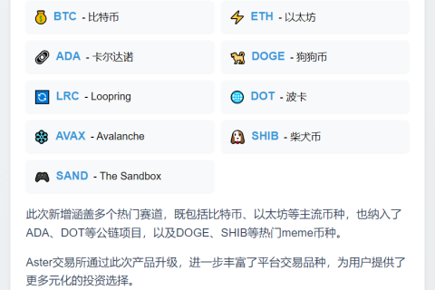 Aster上线BTC等主流币交易对