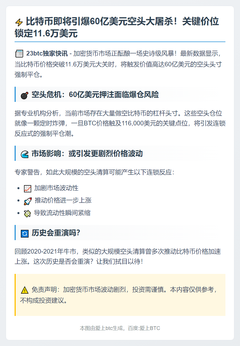 比特币若达11.6万美元，60亿空头将爆仓