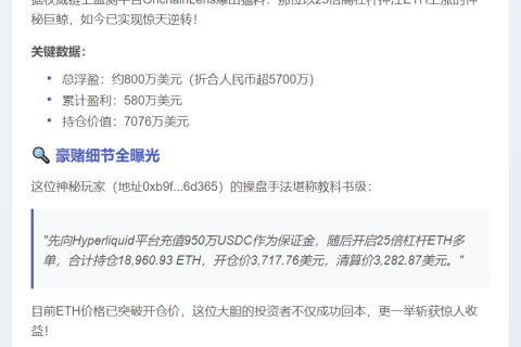 巨鲸25倍做多ETH浮盈800万