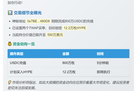 大户加仓12.2万枚HYPE，价值483万