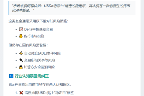 Star：USDe非稳定币，实为代币化对冲基金