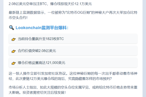 巨鲸加仓2亿BTC空单 爆仓价12.1万