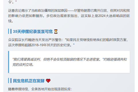 美政府停摆13天 议长警告或破纪录