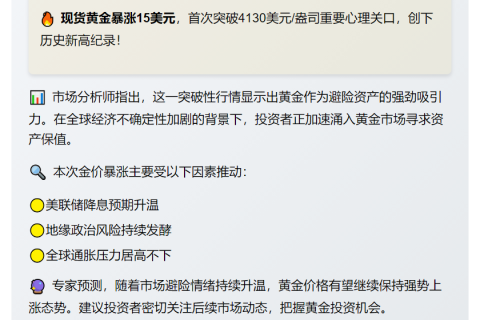 黄金短线飙升15美元，首破4130美元