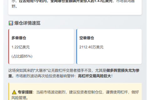 1小时爆仓1.43亿 主爆多单