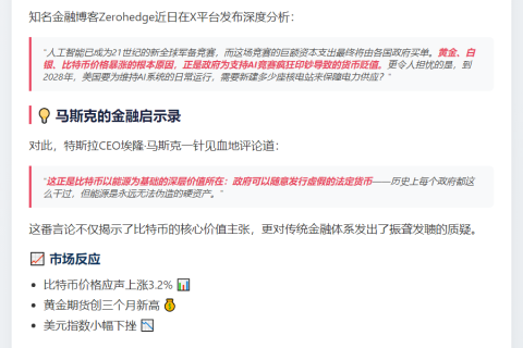 马斯克：比特币靠能源支撑 政府可发假币
