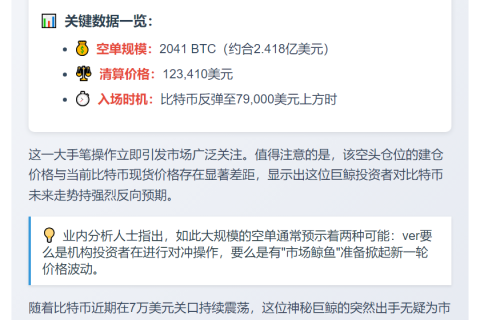 巨鲸存入1200万USDC做空比特币