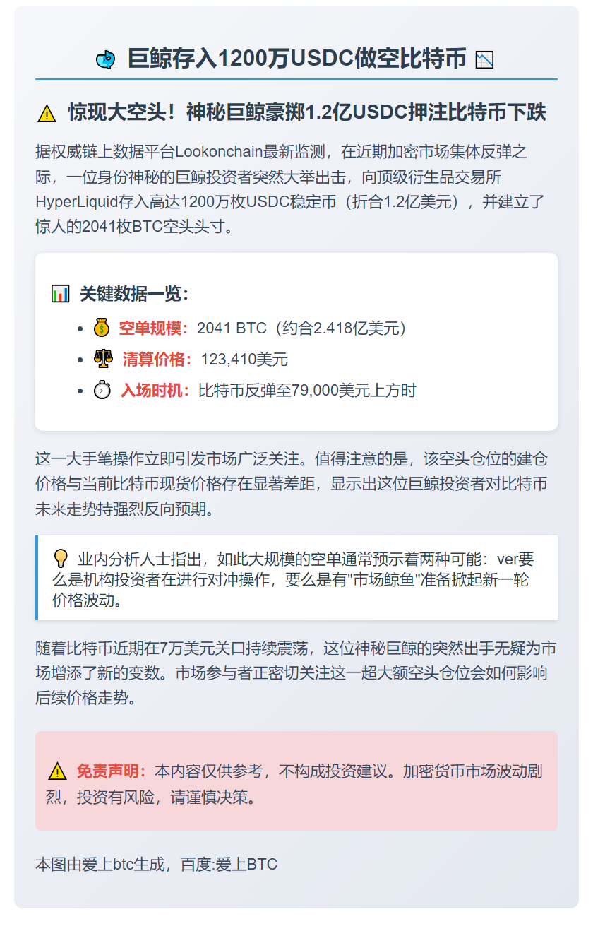 巨鲸存入1200万USDC做空比特币