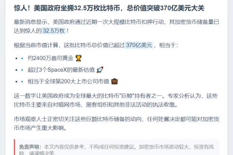 美政府持32.5万枚BTC，价值370亿美元
