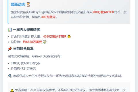 Galaxy Digital存入200万ASTER至币安