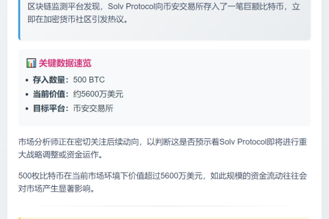 Solv Protocol存入500枚BTC至币安