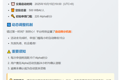 币安：WBAI空投需220Alpha积分