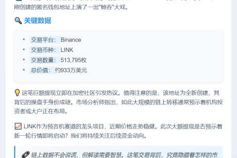 Binance转出51.3万枚LINK，价值933万美元
