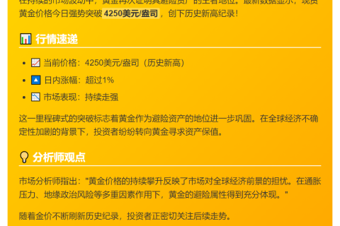 黄金再创新高至4250美元