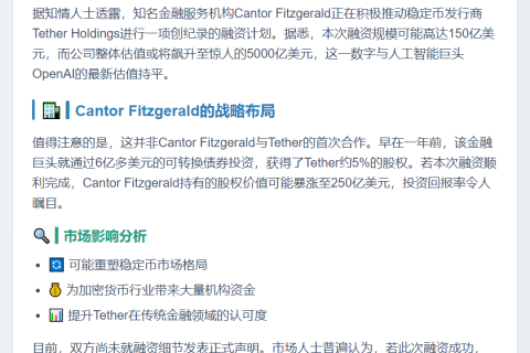 Cantor Fitzgerald助Tether募资150亿美元