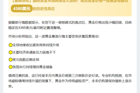 金价冲高4380美元