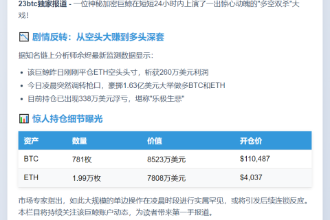 鲸鱼凌晨豪掷1.63亿做多BTC、ETH，浮亏338万