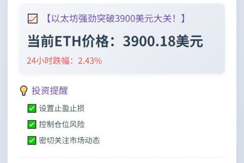 ETH冲上3900美元