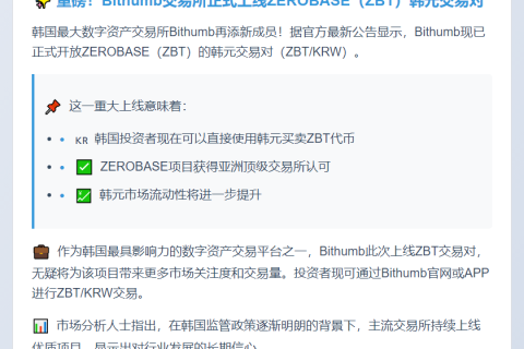 Bithumb上线ZBT韩元交易