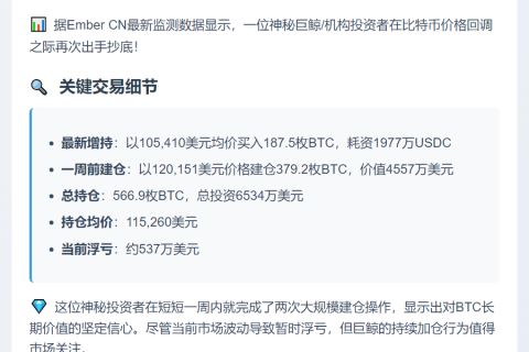 巨鲸跌后增持187.5枚BTC