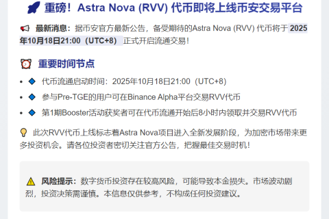 币安：Astra Nova (RVV) 代币流通将在 10 月 18 日 21:00 开始