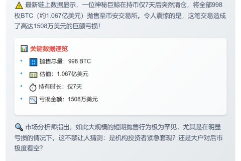 巨鲸存入998枚BTC至币安