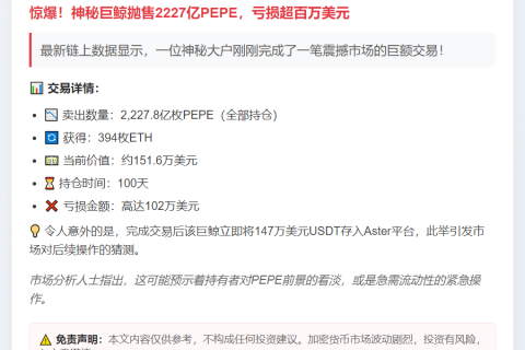 巨鲸抛售2227.8亿PEPE换394ETH