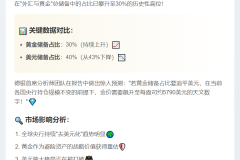 德银：全球黄金储备占比升至30%