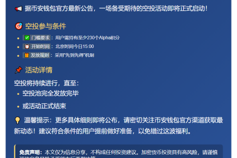 币安空投今日15:00开放，230 Alpha积分可领