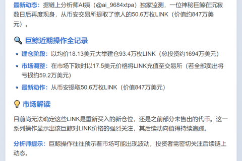 巨鲸4小时前提取50万LINK，价值847万美元