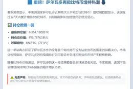 萨尔瓦多增持8枚BTC，持仓达6354枚