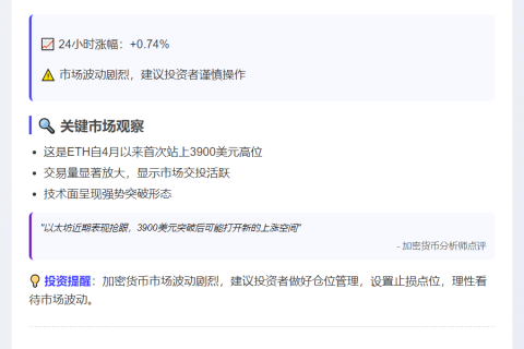 ETH破3900美元