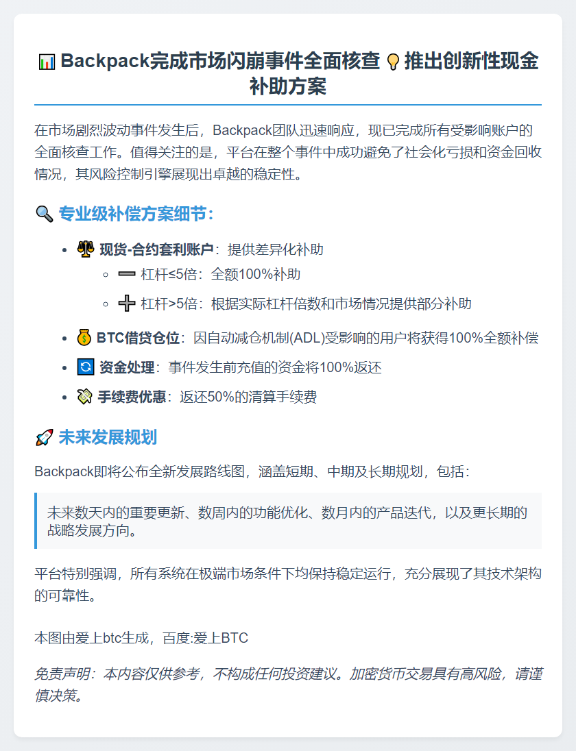 Backpack完成闪崩核查并推出现金补助