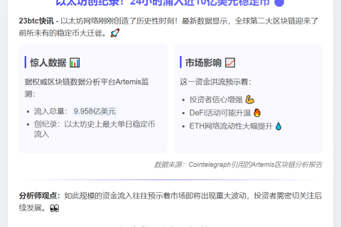 以太坊24小时流入近10亿稳定币