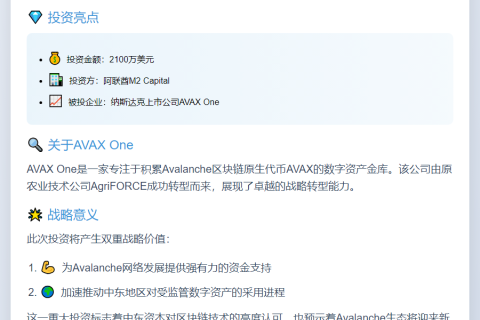 阿联酋M2 Capital注资2100万美元入股AVAX One
