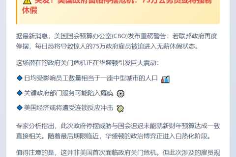 美政府若关门 75万员工或被迫休假