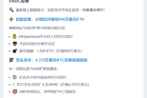 巨鲸增持1000万USDC做空