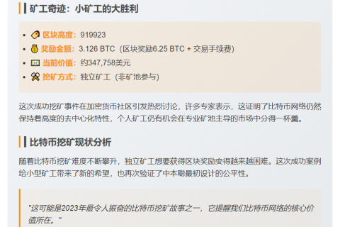矿工独挖区块获3.126枚BTC