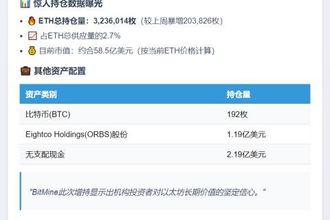 BitMine增持20万ETH，持仓达324万