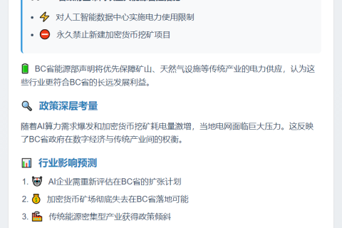 BC省拟限AI用电禁加密货币挖矿