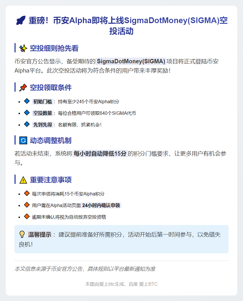 币安：SIGMA空投需245积分