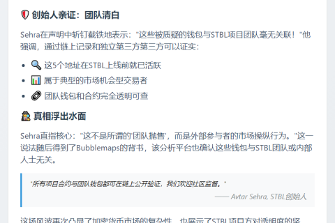 STBL创始人驳斥团队获利指控为FUD