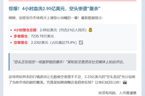 4小时爆仓2.95亿 空单为主