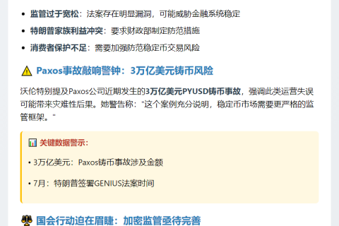 沃伦抨击稳定币法案 警告特朗普风险