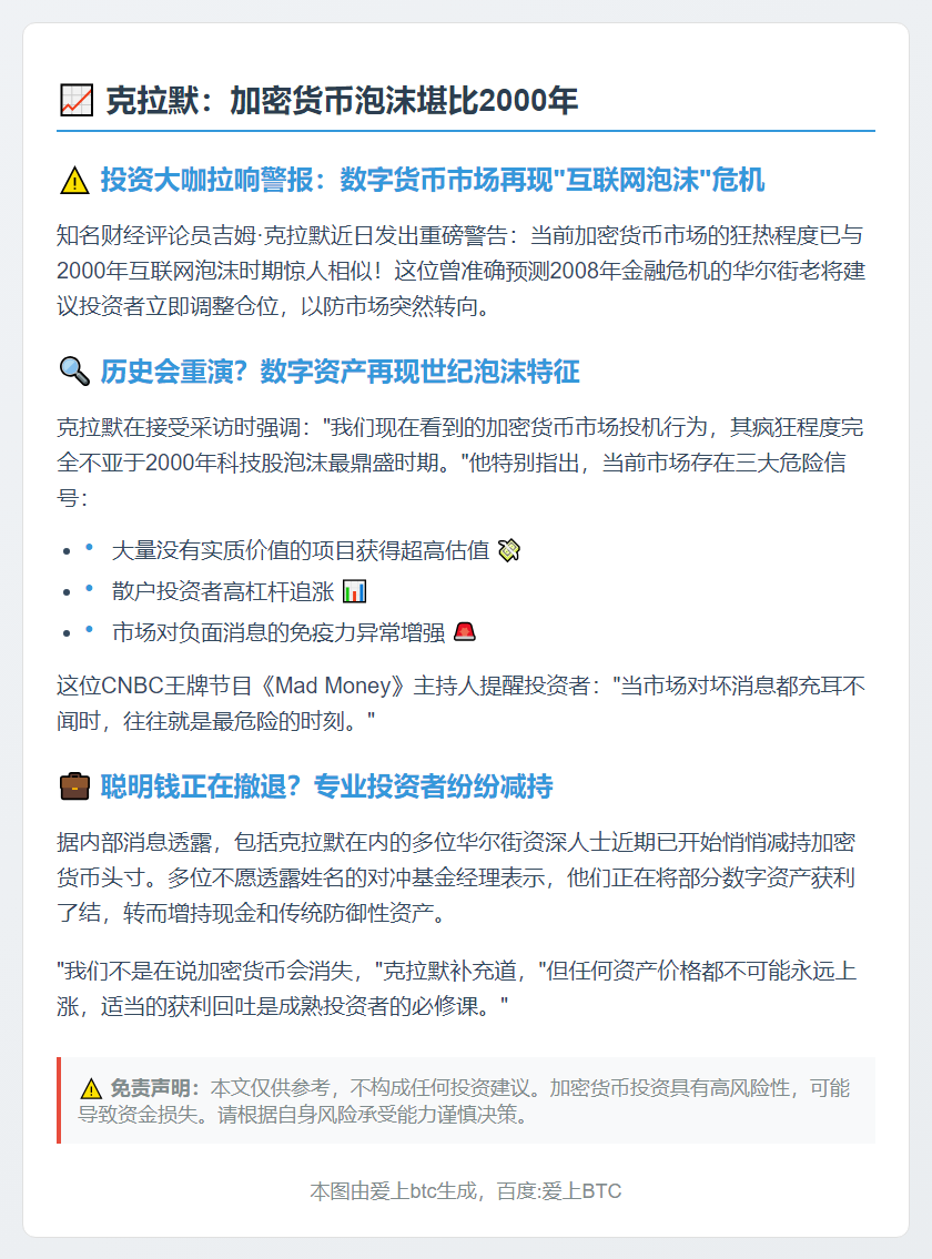 克拉默：加密货币泡沫堪比2000年