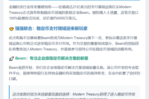 Modern Treasury收购Beam稳定币初创公司