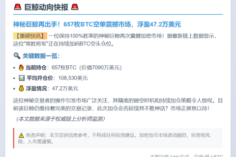 巨鲸加仓657枚BTC空单